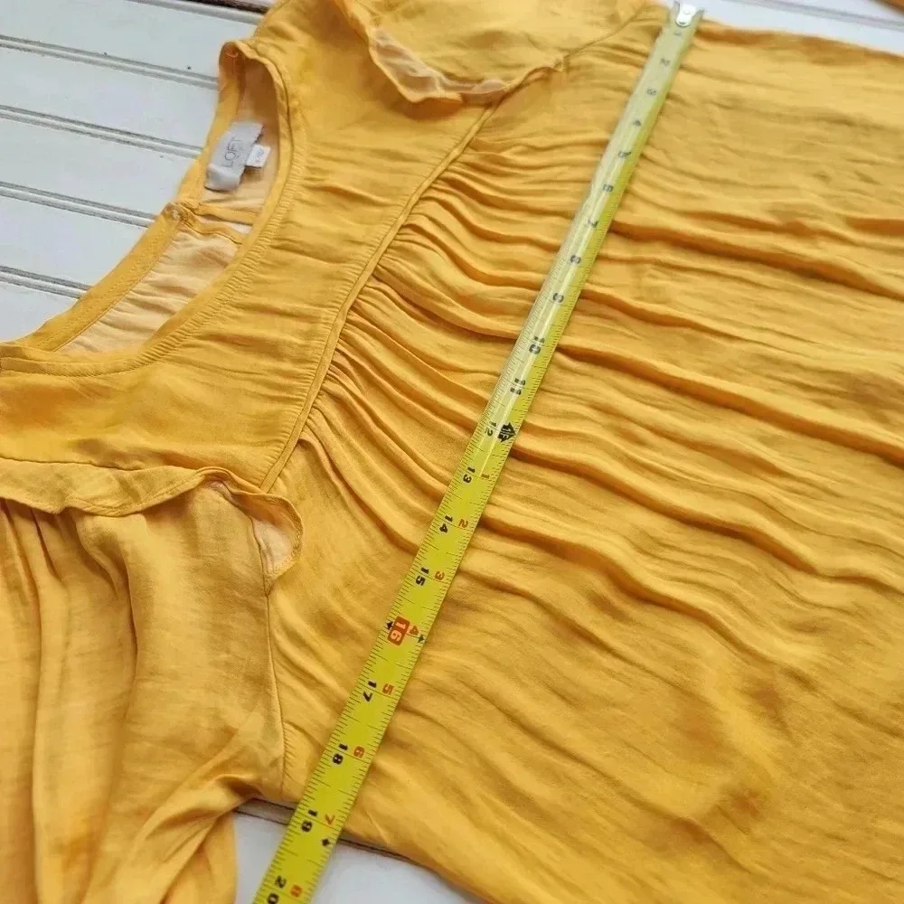 LOFT Top Yellow Silky Feel Puff Sleeve Round Neck Crinkle Fabric Long Sleeve S